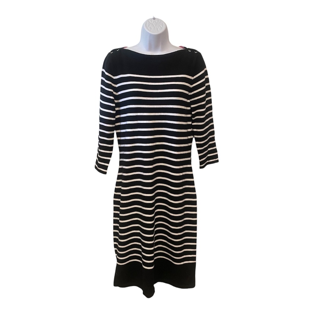 Lauren Ralph Lauren Navy White Striped Knit Sweater Dress Grommet Shoulder L